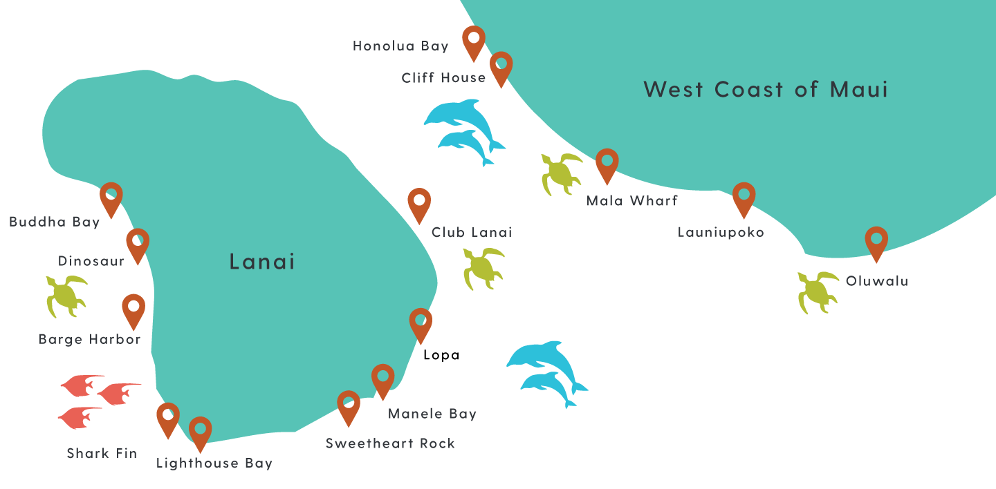 Maui and Lanai map of snorkeling locations