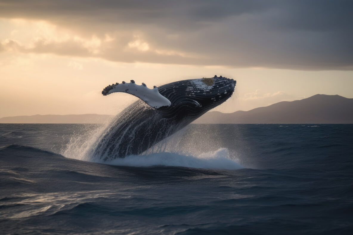 A humpback whale jumping over the sea. Ai generative